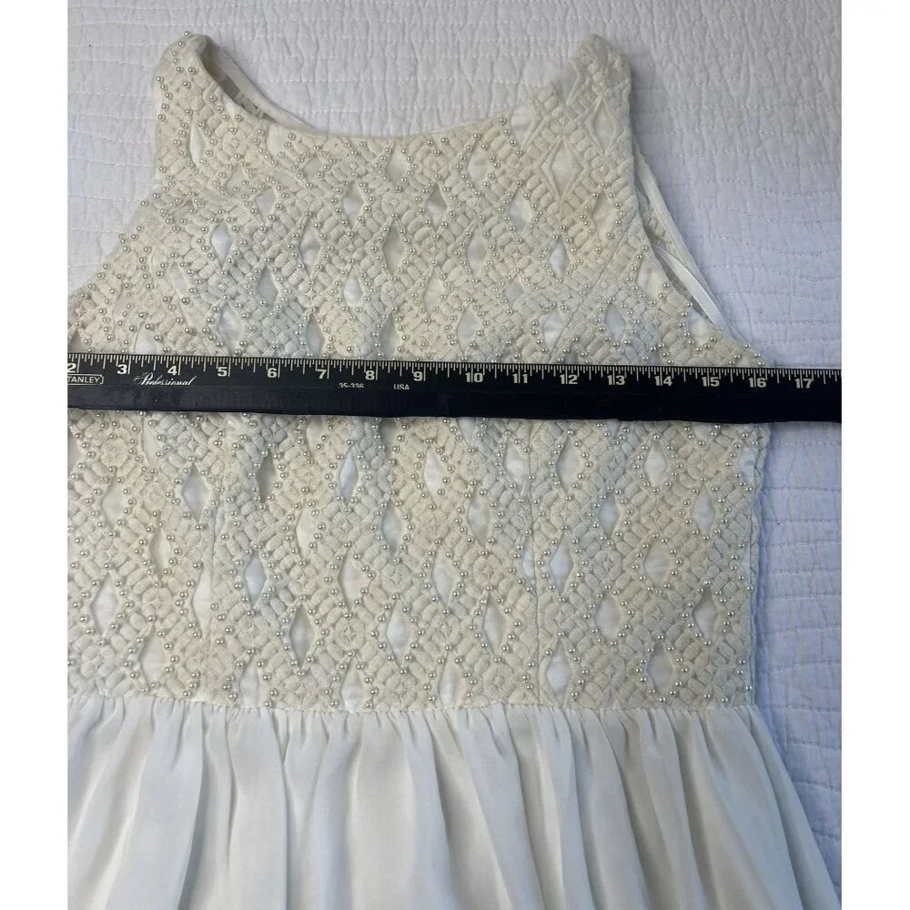 a.drea Sleeveless Ivory Beaded Fit & Flare Mini Dress Sheer Skirt Party Wedding - Picture 9 of 13